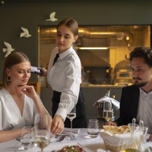 Server serving guests at table